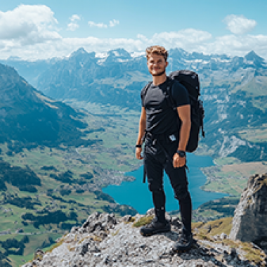 Backpacker auf einem Berggipfel mit Aussicht